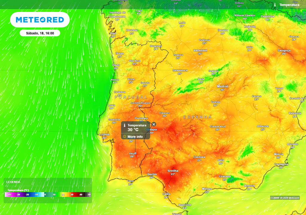 A massa de ar quente que irá instalar-se sobre Portugal continental será invulgarmente quente para a época do ano. Estão previstos 30 ºC já no próximo sábado, 18 de abril, em vários locais do vale do Guadiana.