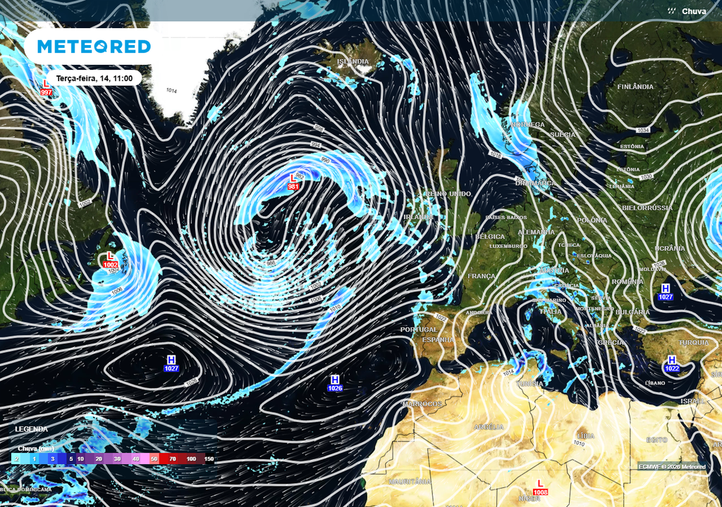 A região de altas pressões no Atlântico forçará as depressões a circular em latitudes mais setentrionais. Deste modo, somente a extremidade de algumas frentes será capaz de alcançar o litoral Norte e Centro de Portugal continental, traduzindo-se em períodos de chuva geralmente fraca e dispersa entre hoje, dia 13, e quarta-feira, dia 15.