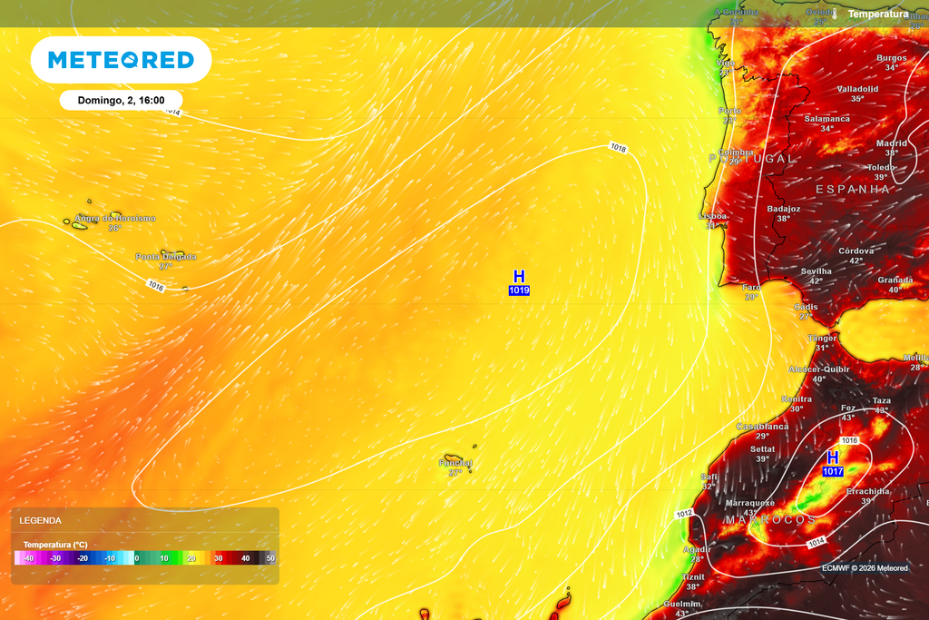 Temperatura prevista para domingo, 2 de agosto, às 16h. As temperaturas deverão manter-se estáveis em ambos os arquipélagos, sem episódios de calor significativo.