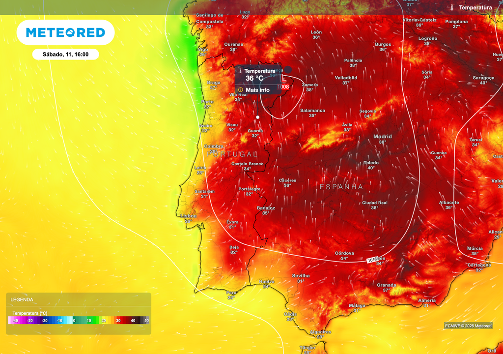 A entrada de uma massa de ar mais fresca deverá provocar uma descida das temperaturas no litoral, enquanto o interior continuará a registar valores elevados, que poderão atingir 34 a 36 ºC durante a tarde de sábado.
