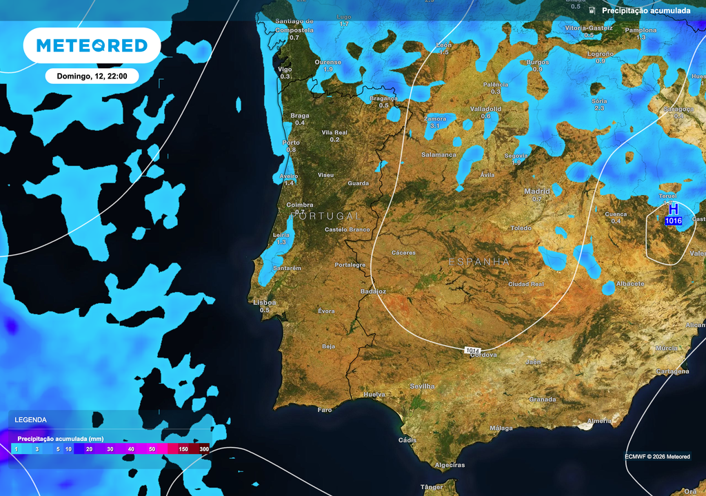 A precipitação prevista para Portugal deverá ser pouco significativa, com acumulados baixos e mais prováveis nas regiões Norte e Centro. No restante território, não se prevê precipitação relevante.