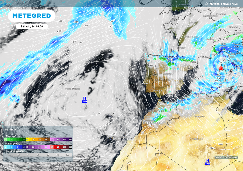 O Anticiclone dos Açores posiciona-se mais a norte (≈1033 hPa), favorecendo o bloqueio da instabilidade atlântica e promovendo uma melhoria gradual do estado do tempo, apesar de ainda persistirem vento e agitação marítima residuais.