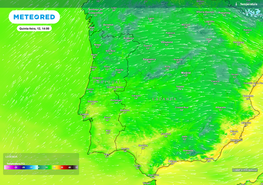 Temperaturas amenas em todo o território, com máximas entre 12–15°C no Norte, 14–17°C no Centro e 16–18°C no Sul, antes da aproximação da frente atlântica.