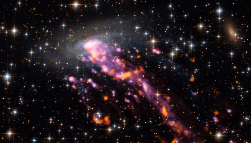 Uma galáxia foi observada perdendo gás e formando uma longa cauda atrás de si. Sem esse combustível, ela começa a interromper a formação de novas estrelas. Crédito: ALMA Uma galáxia foi observada perdendo gás e formando uma longa cauda atrás de si. Sem esse combustível, ela começa a interromper a formação de novas estrelas. Crédito: ALMA