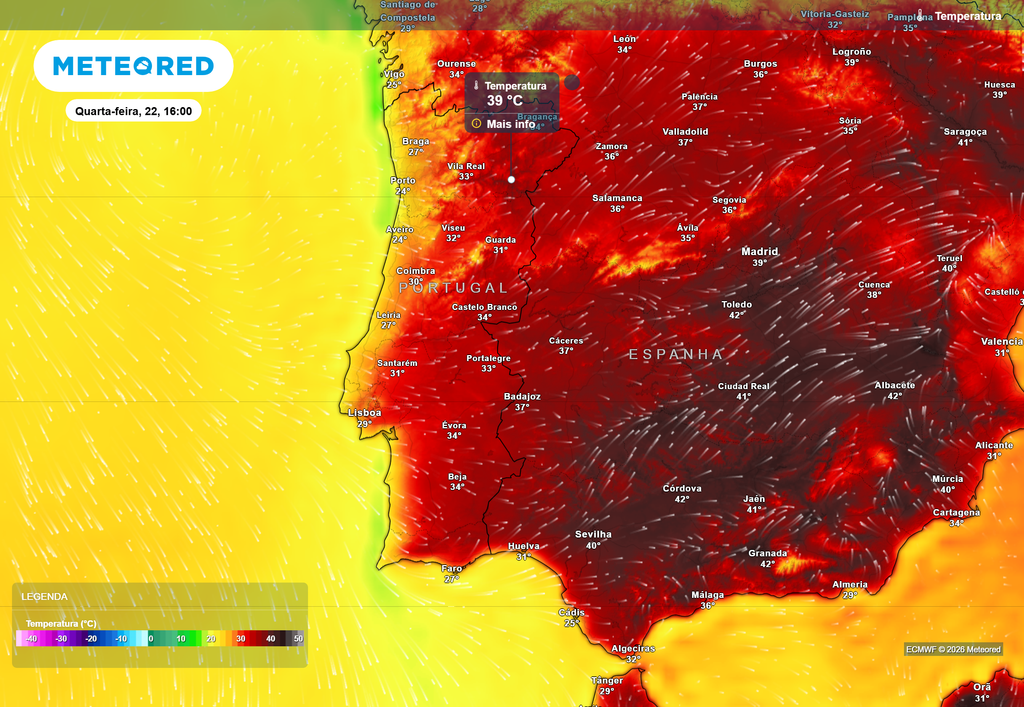 A temperatura máxima poderá atingir até 39 ºC nalguns locais do interior Norte na quarta-feira, 22 de julho.