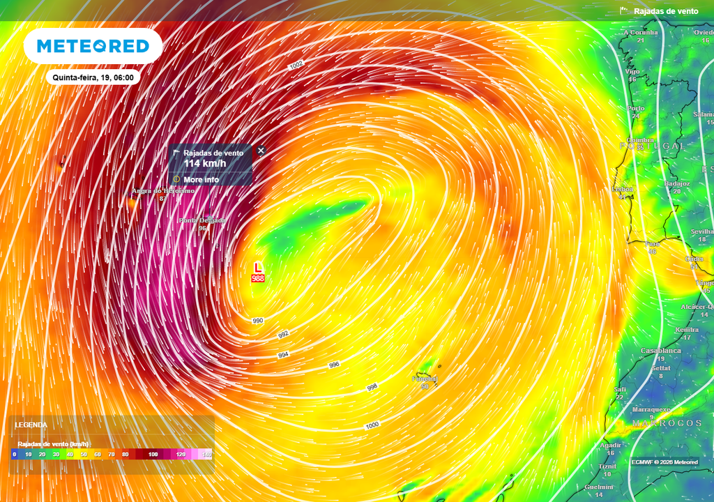 A próxima semana será toda ventosa nos Açores, mas os mapas preveem que o dia mais crítico será quinta-feira 19 de março e as últimas horas de quarta 18.