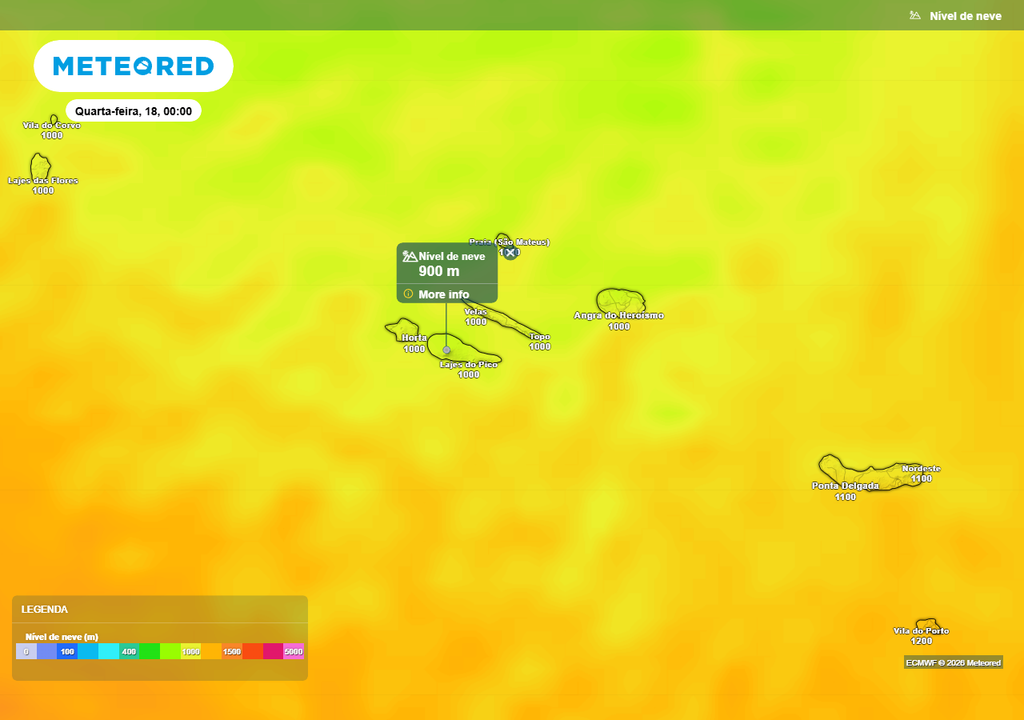 Os mapas intuem possibilidade de queda de neve acima dos 800/1000 metros de altitude nos Açores entre terça e quarta, dias 17 e 18 de março. Não obstante, o grau de incerteza é elevadíssimo, não só pelo horizonte temporal da previsão como também pelos possíveis ajustes na distribuição e intensidade dos elementos climáticos.