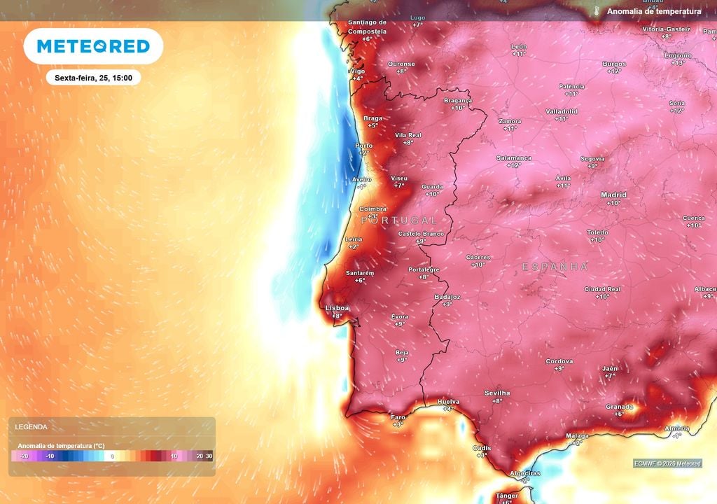 Anomalia da Temperatura Apesar da descida das temperaturas no litoral Norte e Centro, grande parte de Portugal continuará mais quente do que o habitual para esta altura do ano. No interior, as anomalias positivas serão ainda bastante expressivas.