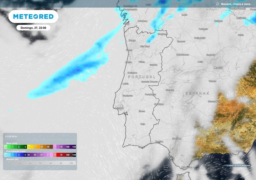 Nuvens e chuva A mudança começa a ganhar forma no domingo: o aumento da humidade e da nebulosidade será acompanhado pela possibilidade de chuva fraca no Norte, antecipando um período mais instável.