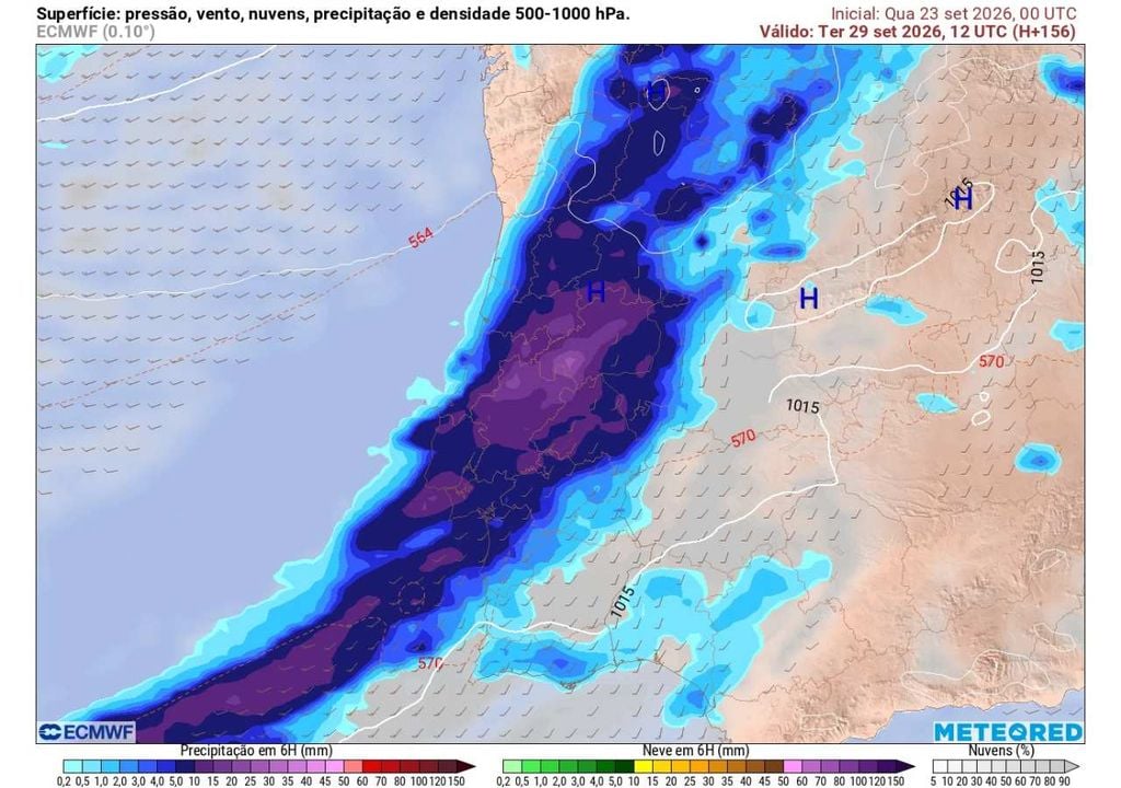 Precipitação O ECMWF projeta uma frente fria organizada a atravessar Portugal no dia 29. A extensa faixa de precipitação poderá deixar períodos prolongados de chuva, localmente moderada a forte, em várias regiões do país.