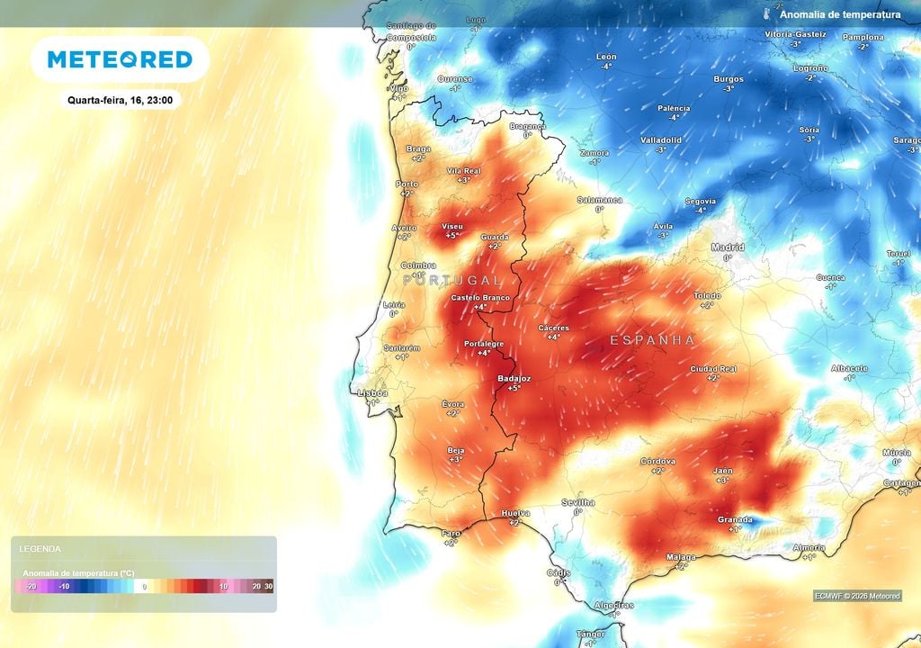 As noites continuam amenas em várias regiões do interior. Pelas 23 horas, alguns locais poderão ainda registar 24 a 25 ºC, com anomalias positivas próximas dos 5 ºC.