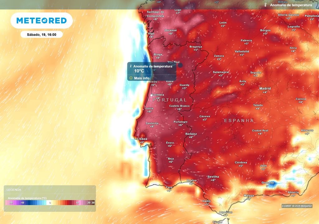 O calor volta a intensificar-se no final da semana. No sábado, grande parte de Portugal poderá registar temperaturas entre 6 e 10 ºC acima do normal, com desvios localmente superiores.
