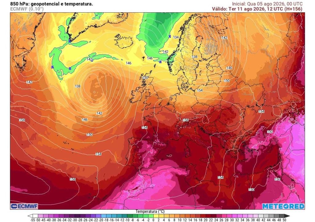 Geopotencial e temperatura 850hPa A massa de ar quente proveniente do Norte de África poderá expandir-se para grande parte da Europa durante a próxima semana. O mapa evidencia uma extensa área de altas pressões associada à possível formação de uma cúpula de calor.