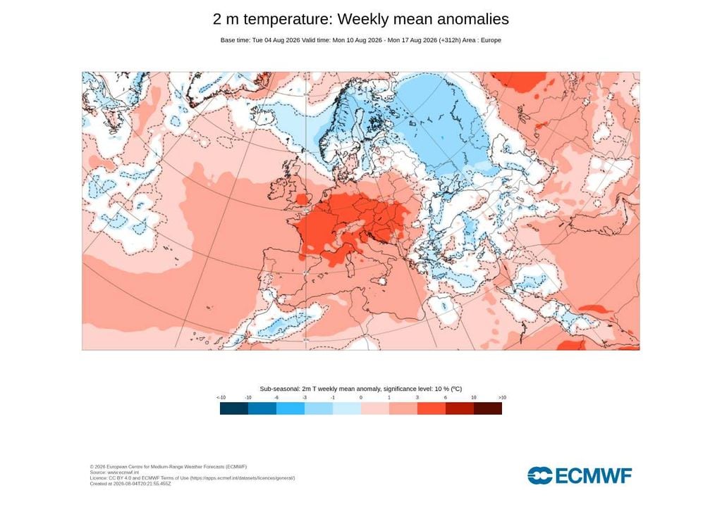 Anomalias semanais da temperatura (10 a 17 de agosto) A previsão sub-sazonal do ECMWF aponta para temperaturas acima da média climatológica em grande parte da Europa durante a semana de 10 a 17 de agosto. Em Portugal, a tendência é de calor acima do normal, embora com anomalias menos expressivas do que nas regiões mais continentais da Europa.