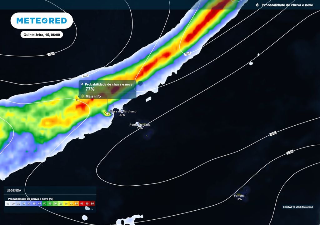 probabilidade de chuva Entre hoje e amanhã a probabilidade de chuva irá aumentar significativamente nos Açores. Os grupos Ocidental e Central deverão ser os mais afetados pela passagem de uma frente fria.