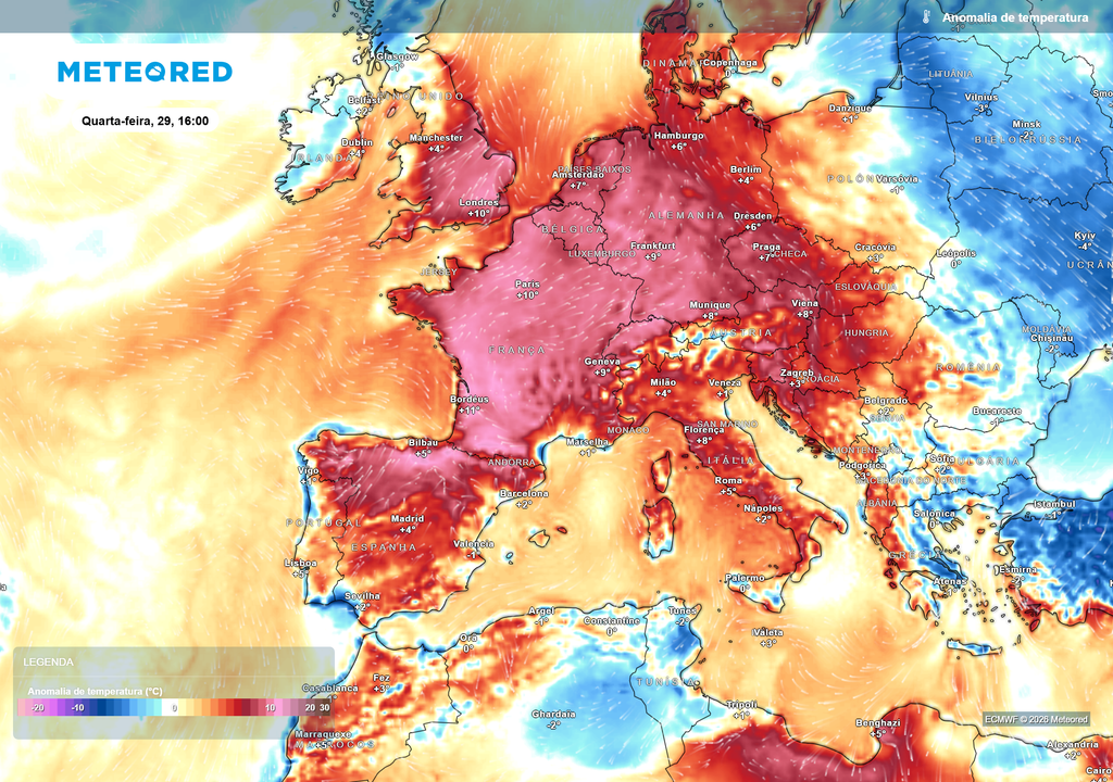 Grande parte da Europa irá registar valores acima da média enquanto uma parte de Portugal Continental registará valores dentro ou abaixo da normal climatológica de referência.