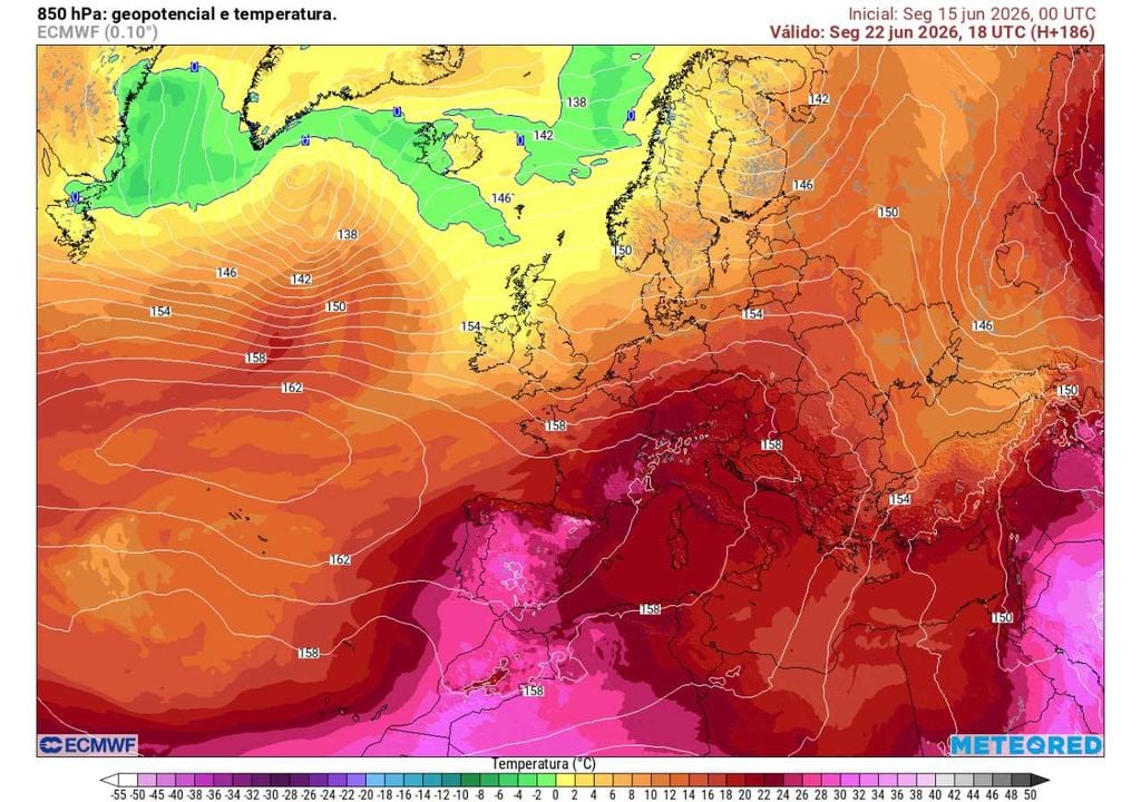 Geopotencial e temperatura a 850 hPa Mapa de geopotencial e temperatura a 850 hPa do ECMWF para 22 de junho mostra a expansão de uma massa de ar muito quente proveniente do Norte de África sobre Portugal Continental.
