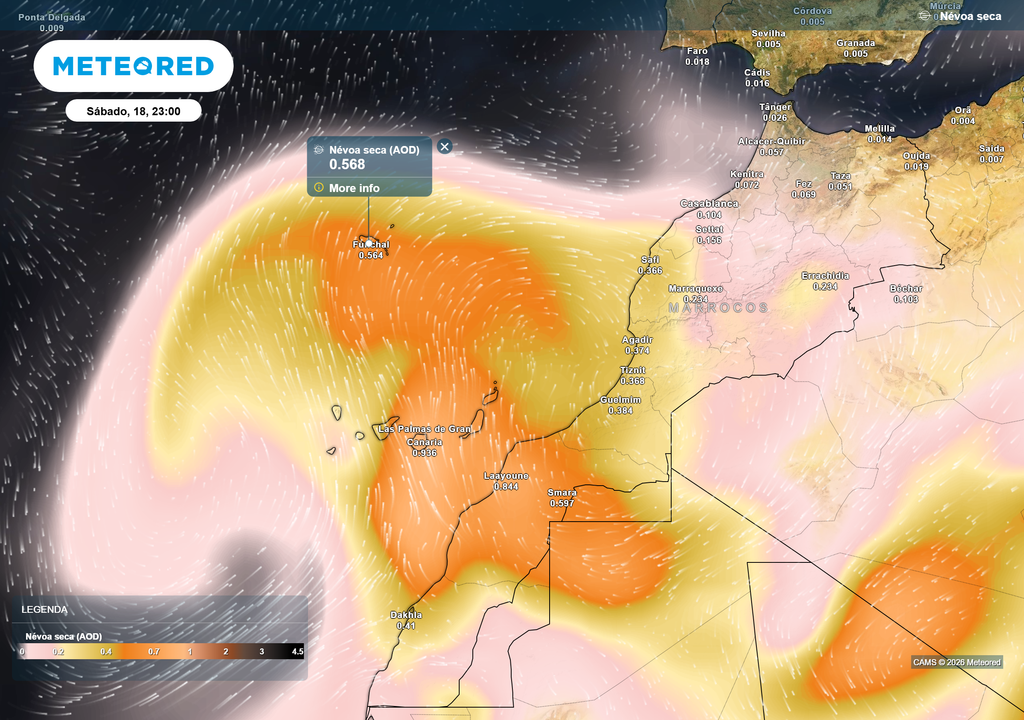 Aumento da carga de aerossóis na atmosfera nas proximidades da Madeira, indicando a chegada de poeiras em suspensão capazes de reduzir a visibilidade e tornar a luz mais difusa ao longo de sábado.