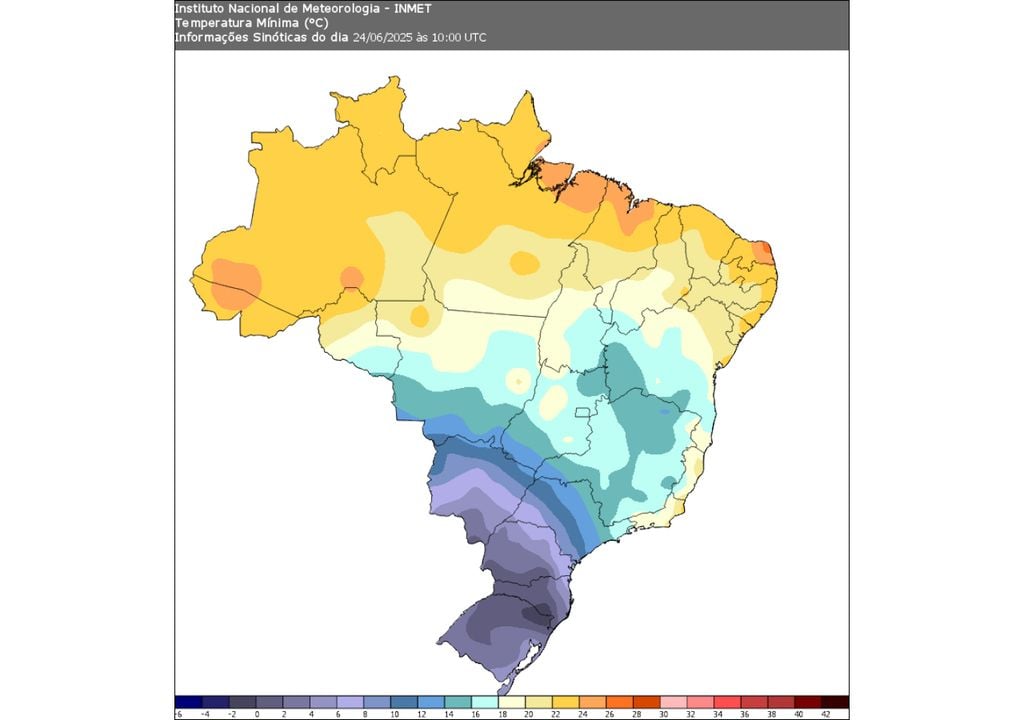 Mapa de temperaturas mínimas registradas pelo INMET nesta terça-feira. Mapa de temperaturas mínimas registradas pelo INMET nesta terça-feira.
