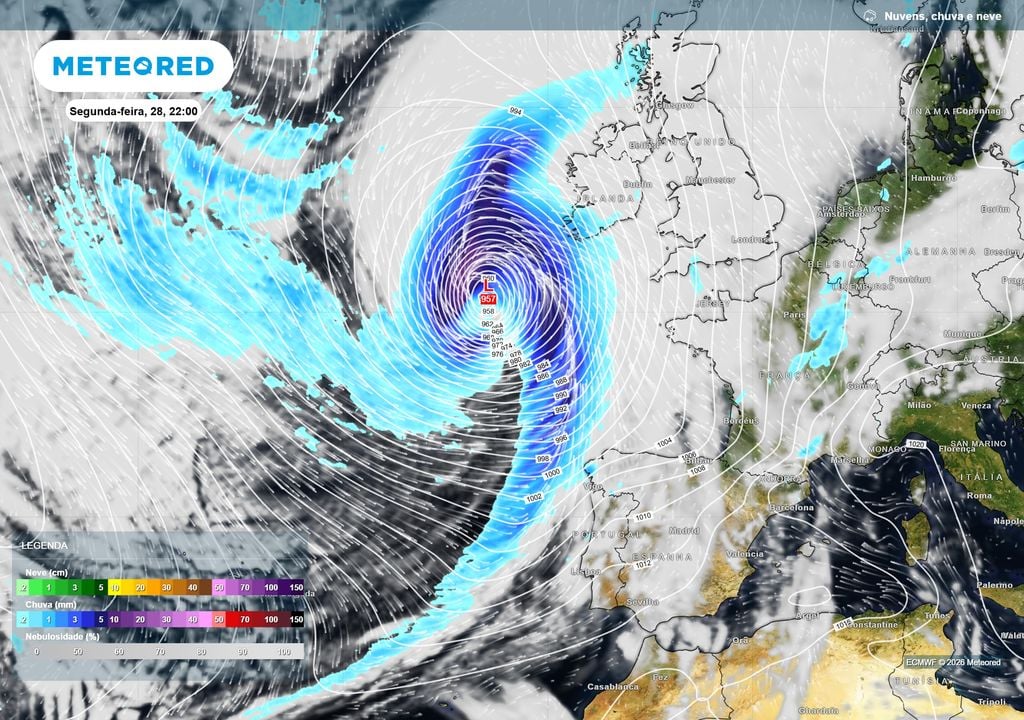 Esta é a mesma depressão do mapa acima após sofrer o processo de ciclogénese explosiva, apresentando uma pressão mínima central de 957 hPa às 22:00 horas de segunda-feira (28) e prestes a embater na Irlanda.