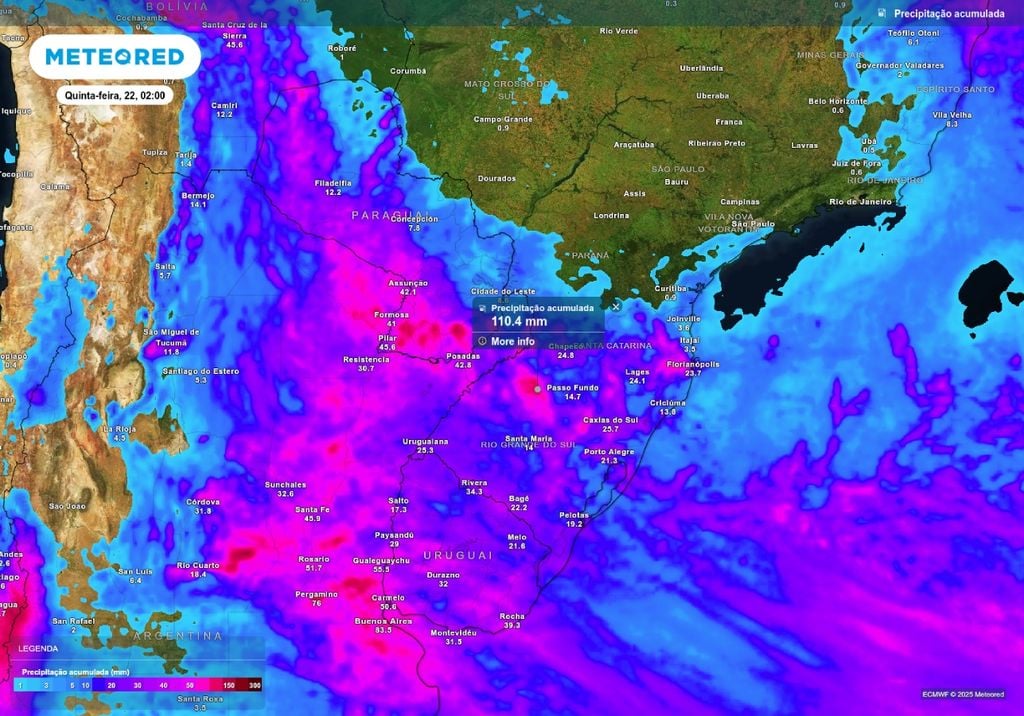 Previsão de acumulado de chuva até o fim da quarta-feira (21), de acordo com o modelo ECMWF. Previsão de acumulado de chuva até o fim da quarta-feira (21), de acordo com o modelo ECMWF.