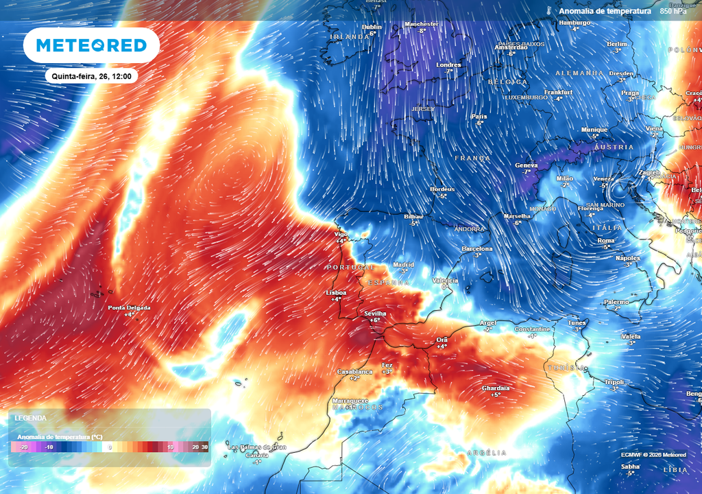 Às 12:00 da próxima quinta-feira, 26 de março, o mapa de temperatura a cerca de 1500 metros de altitude revela uma anomalia térmica negativa no interior Norte e Centro (distritos Vila Real, Viseu, Bragança e Guarda), indício de que o tempo estará mais frio do que o habitual nessas zonas. Ao chegar muito temperado à nossa latitude, o ar polar passará de 'raspão' no nosso país. Mesmo assim, será o suficiente para provocar uma descida das temperaturas.