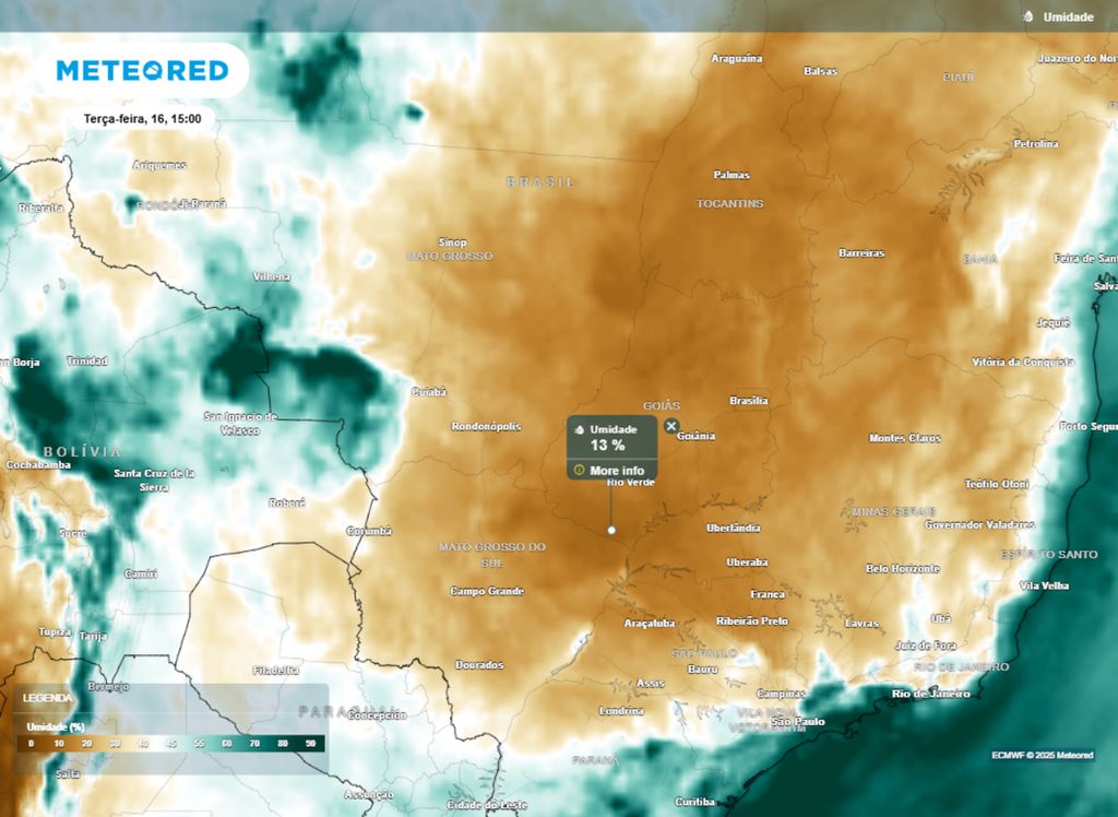 Umidade prevista para a tarde de terça-feira (16) no Centro-Oeste do Brasil.