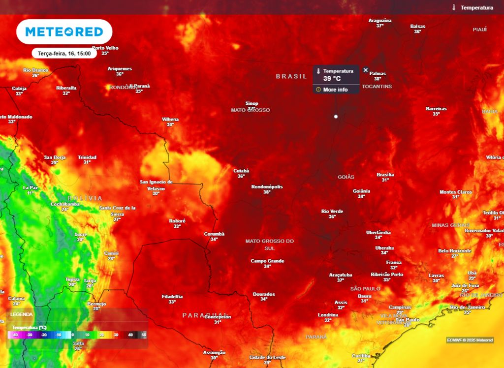 Temperatura prevista para a tarde de terça-feira (16) no Centro Oeste do Brasil.