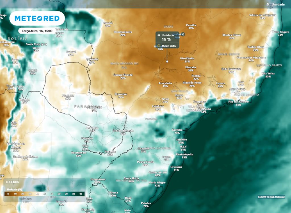 Umidade relativa do ar prevista para a tarde de terça-feira (16) sobre o Sul e Sudeste do país.