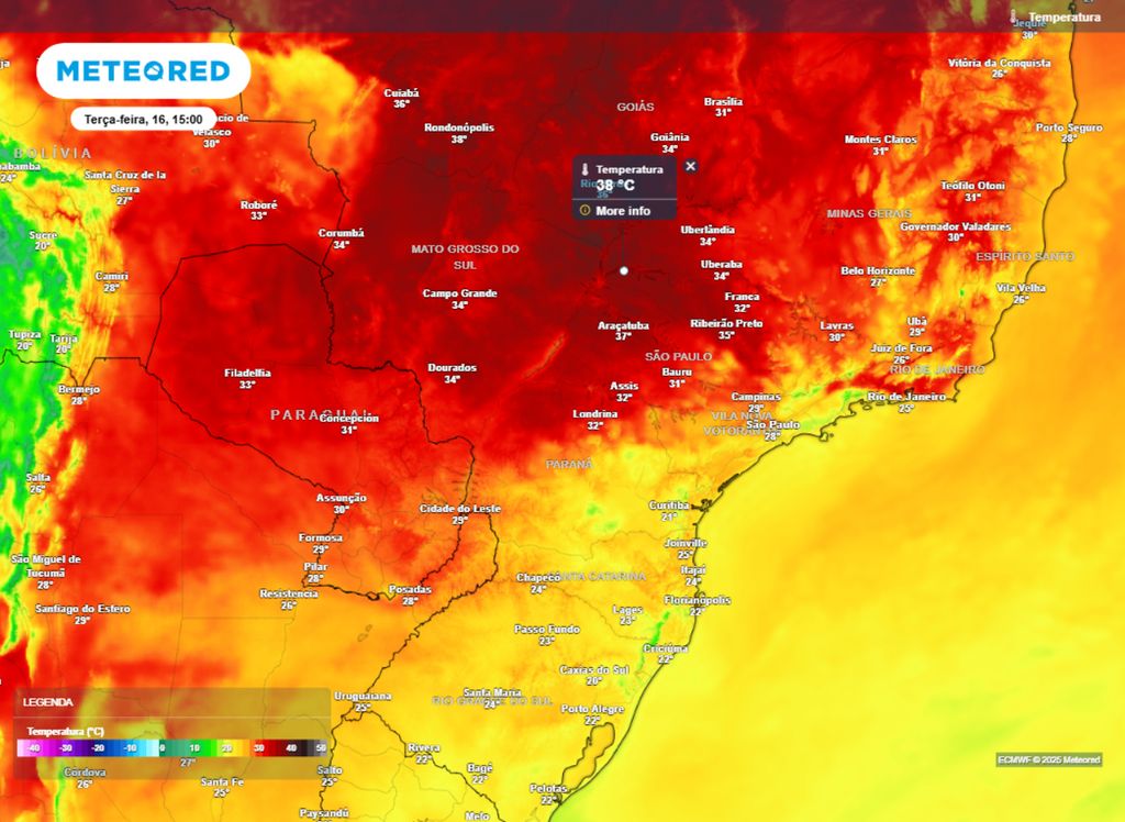Temperatura prevista para a tarde de terça-feira (16) sobre o Sul e Sudeste do país.
