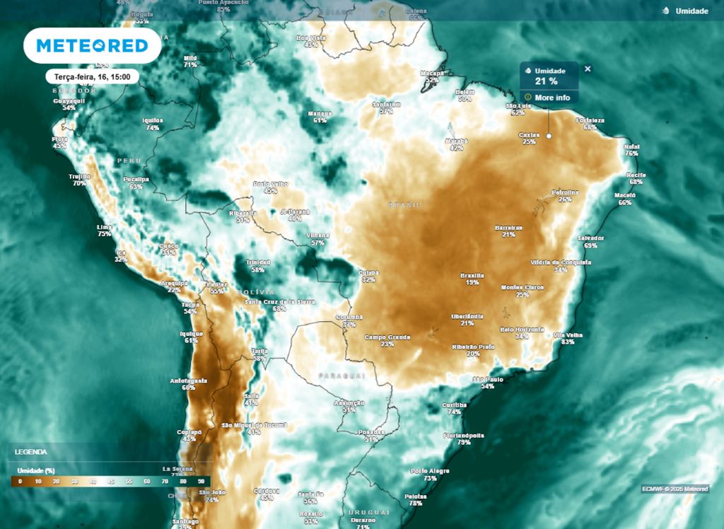 Umidade relativa do ar prevista para a tarde de terça-feira (16) no Brasil.