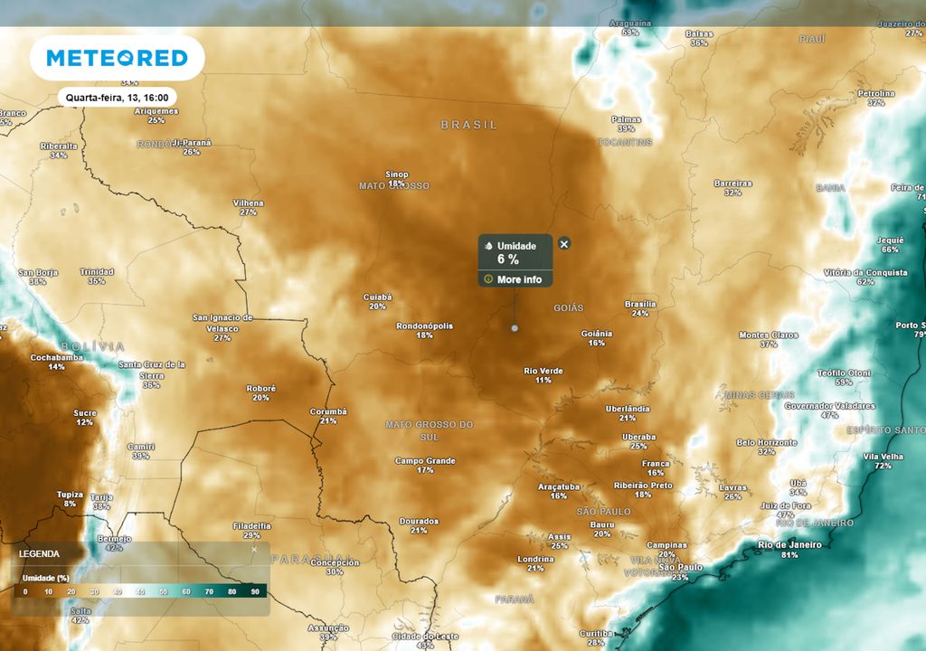 Previsão de umidades relativas mínimas na quarta-feira durante a tarde. Previsão de umidades relativas mínimas na quarta-feira durante a tarde.