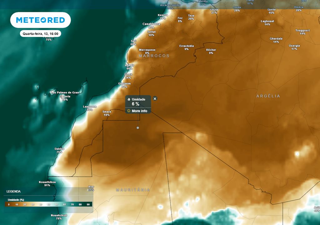 Previsão de umidades relativas mínimas na quarta-feira no Deserto do Saara. Previsão de umidades relativas mínimas na quarta-feira no Deserto do Saara.