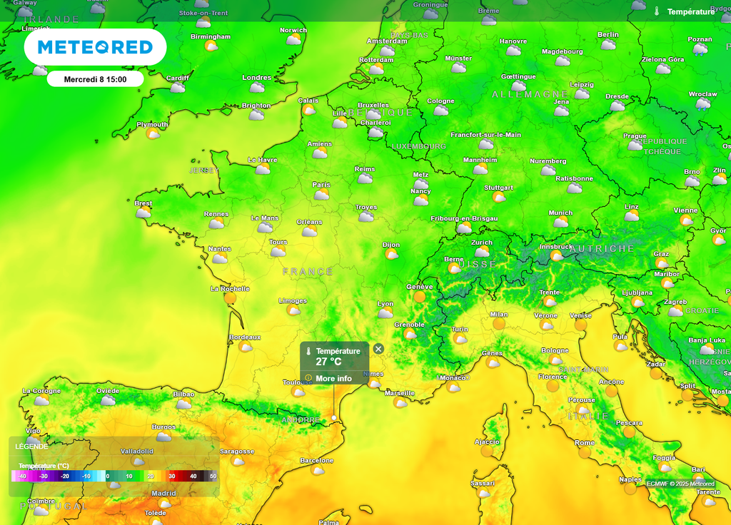 Nébulosité et températures mercredi après-midi Nébulosité et températures mercredi après-midi