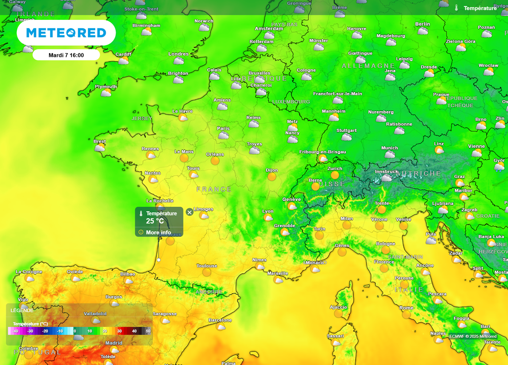 Nébulosité et températures mardi après-midi Nébulosité et températures mardi après-midi
