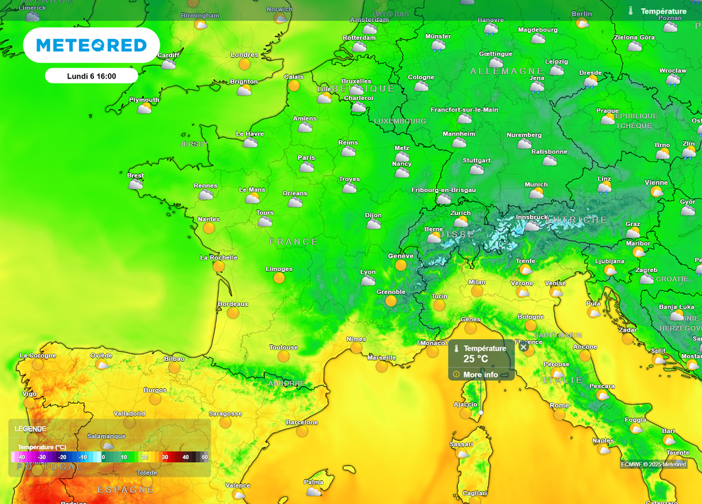 Nébulosité et températures lundi après-midi Nébulosité et températures lundi après-midi