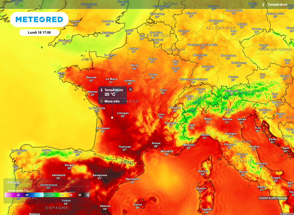 Fortes à très fortezs chaleurs encore bien présentes lundi dans le sud et l'ouest du pays.