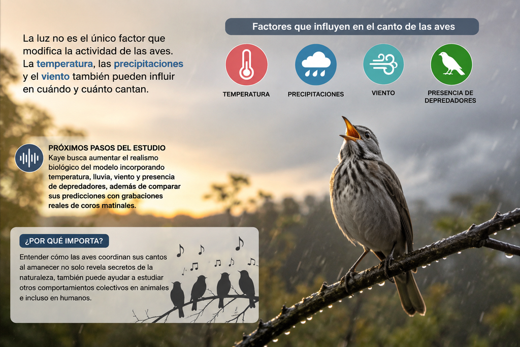 La temperatura, las precipitaciones y el viento también pueden influir en cuándo y cuánto cantan las aves, factores que futuros modelos buscarán incorporar para comprender mejor el coro del amanecer.