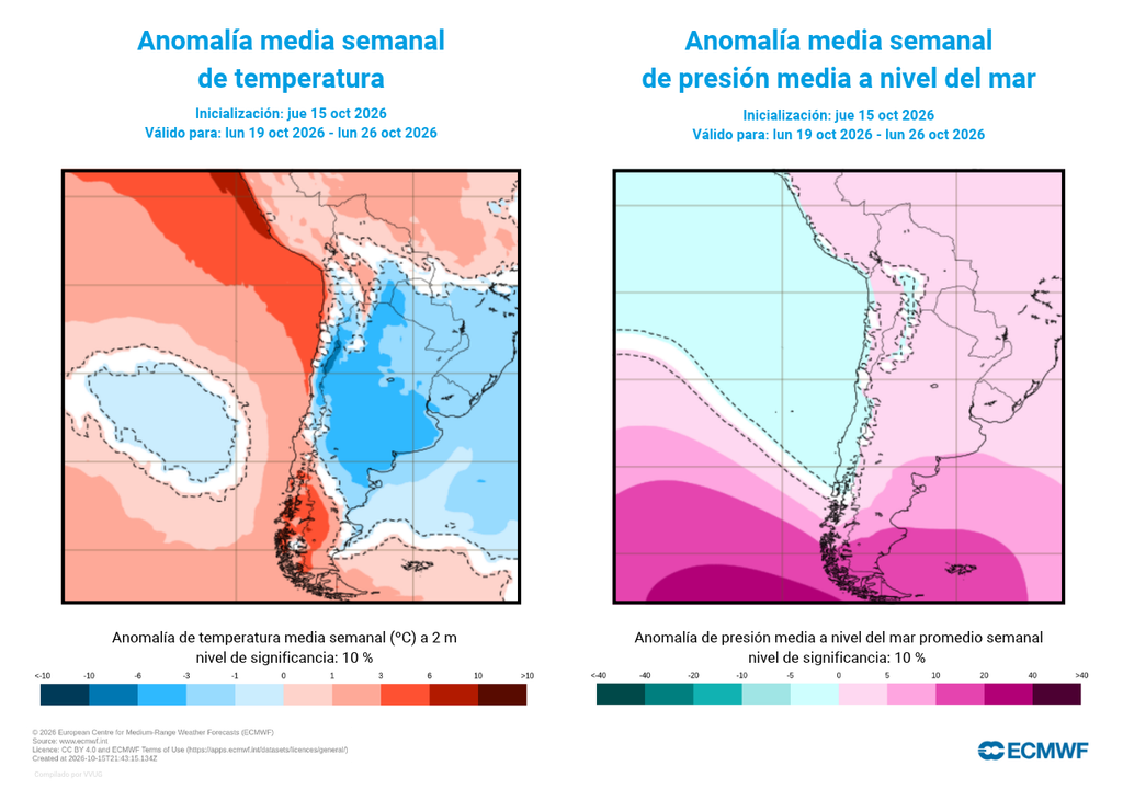 anomalía semanal de temperatura y presión Las intensas anomalías de temperaturas frente a Chile son un indicativo del potencial inestable. Una zona de contraste térmico entre el continente y el océano jugará un papel crucial para el desarrollo de tormentas y precipitaciones.