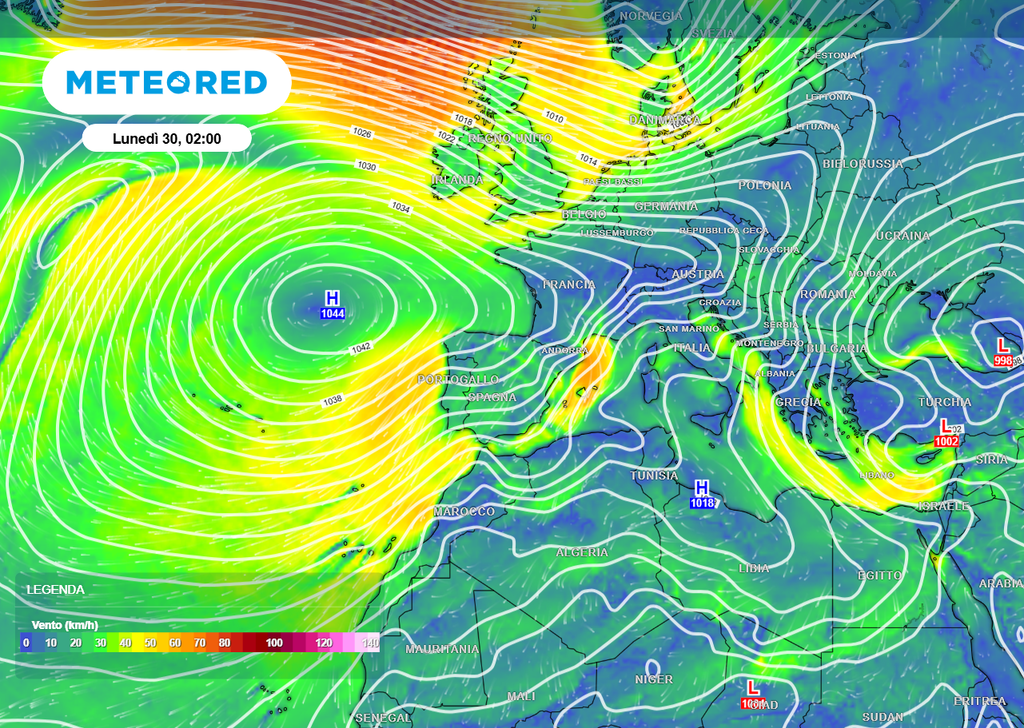 A fine mese una poderosa rimonta pressoria (1044 hPa) destinata ad interessare l'Europa Occidentale potrebbe portare aria molto calda fin sull'Italia.