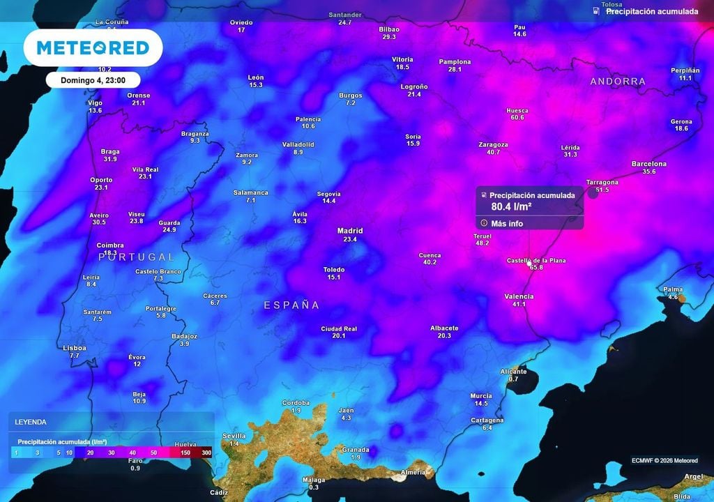 Precipitación acumulada Entre hoy y el domingo en el nordeste peninsular es donde esperamos las mayores precipitaciones acumuladas, que podrán llegar a superar los 80 l/m2 en algunos lugares.