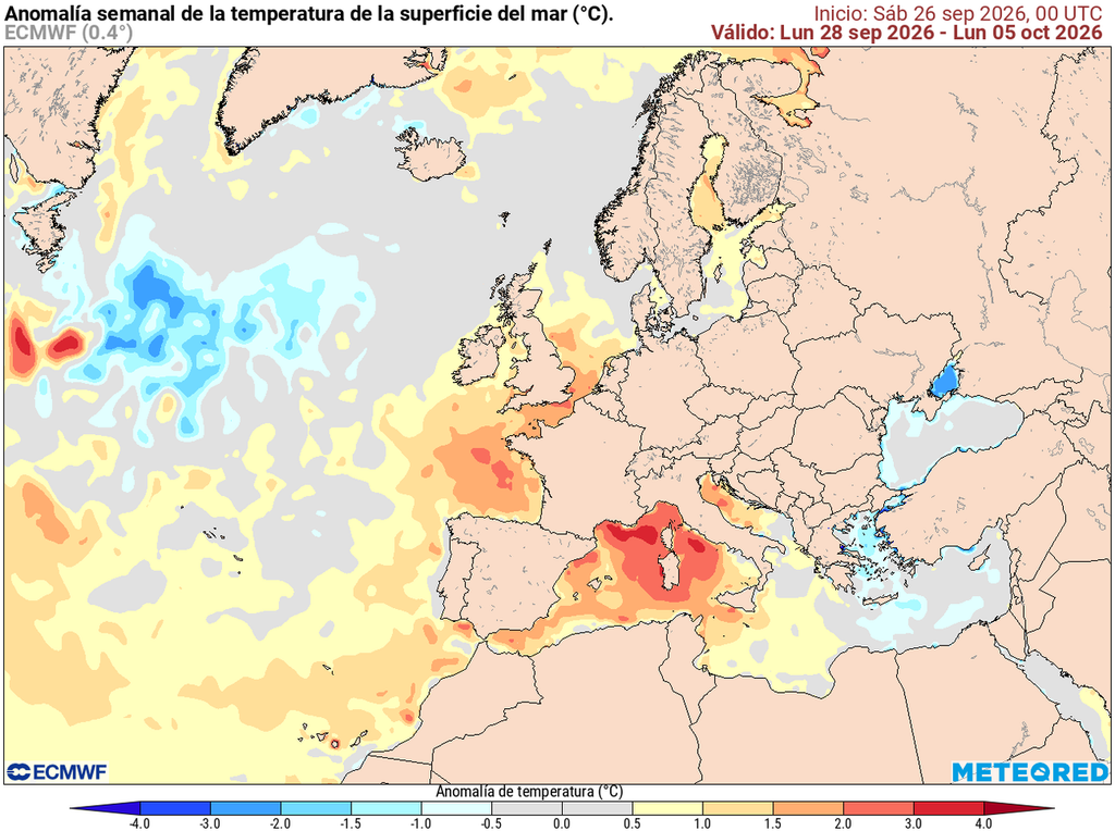El mes de septiembre termina con las aguas cálidas en el Mediterráneo Occidental (SST=26 ºC) y en el Atlántico al suroeste de la Península (SST= 24 ºC). Las aguas que rodean España están anormalmente cálidas.