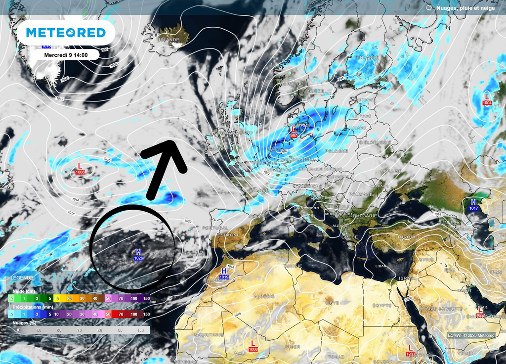 L'anticyclone, rétracté vers les Açores vers le 10 septembre, pourrait ensuite migrer vers l'Ouest de l'Irlande.