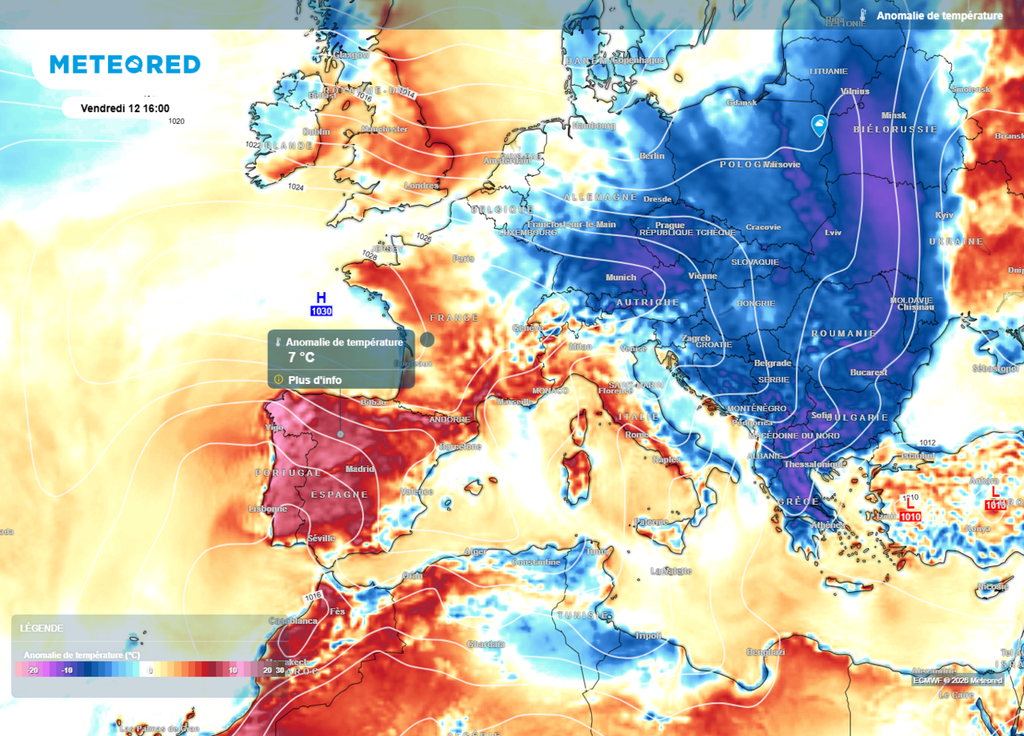 Anomalie de températures vendredi large Ce vendredi, l'air chaud présent sur la péninsule ibérique va commencer à remonter sur le Sud de la France, en lien avec les hautes pressions qui regonflent.