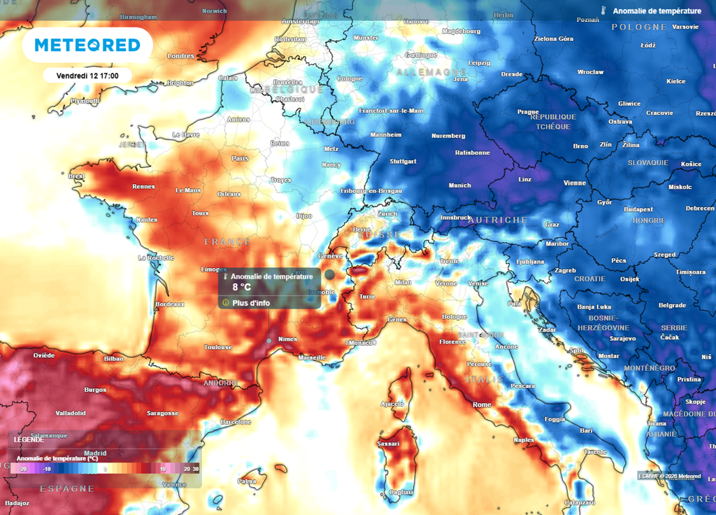 Anomalie de températures France vendredi après-midi Seuls le quart Nord-Est et les côtes de la Manche seront encore à l'écart de la bouffée chaude en provenance d'Espagne vendredi après-midi.