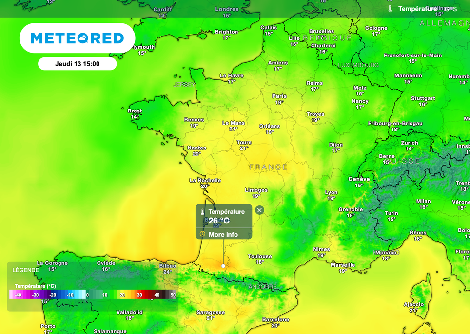 Plus de 25 degrés jeudi après-midi au pied des Pyrénées selon le modèle GFS.