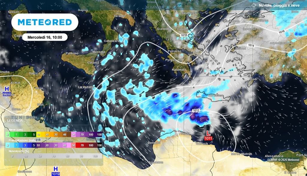 La zona di bassa pressione che si formerà nel Mediterraneo a sud-est dell'Italia.