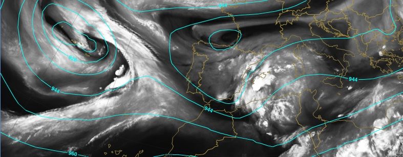 Un Complejo Convectivo De Mesoescala En Las Cercanías De Baleares Imagen de vapor de agua de la 00 UTC junto con geopotencial de 300 hPa.