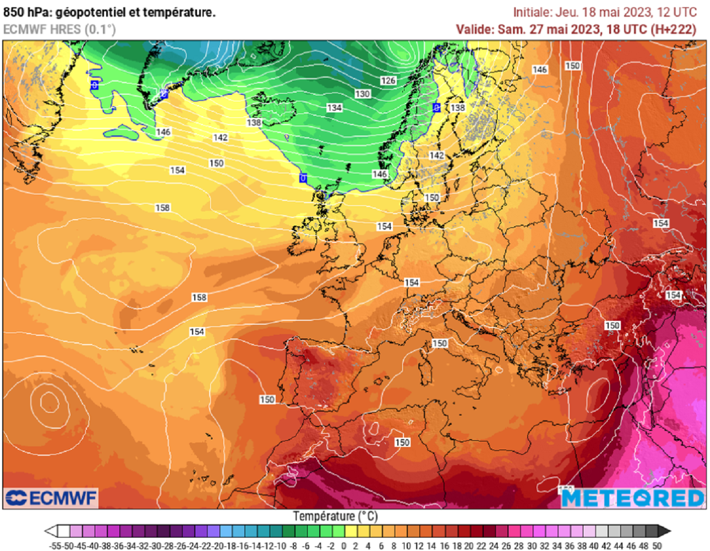 Selon le modèle ECMWF, la masse d'air devrait se réchauffer assez nettement pour les derniers jours de mai. Selon le modèle ECMWF, la masse d'air devrait se réchauffer assez nettement pour les derniers jours de mai.