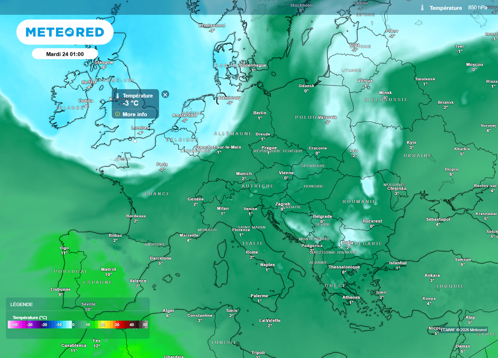 Dans la nuit de lundi à mardi, de l'air polaire maritime devrait arriver sur la France dans un flux de Nord-Ouest, selon les cartes du modèle européen.